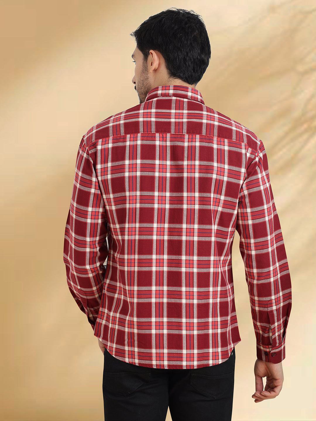 Men Maroon and White Cotton Checkered Classic Fit Smart Casual Shirt