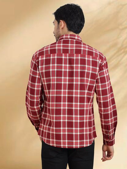 Men Maroon and White Cotton Checkered Classic Fit Smart Casual Shirt