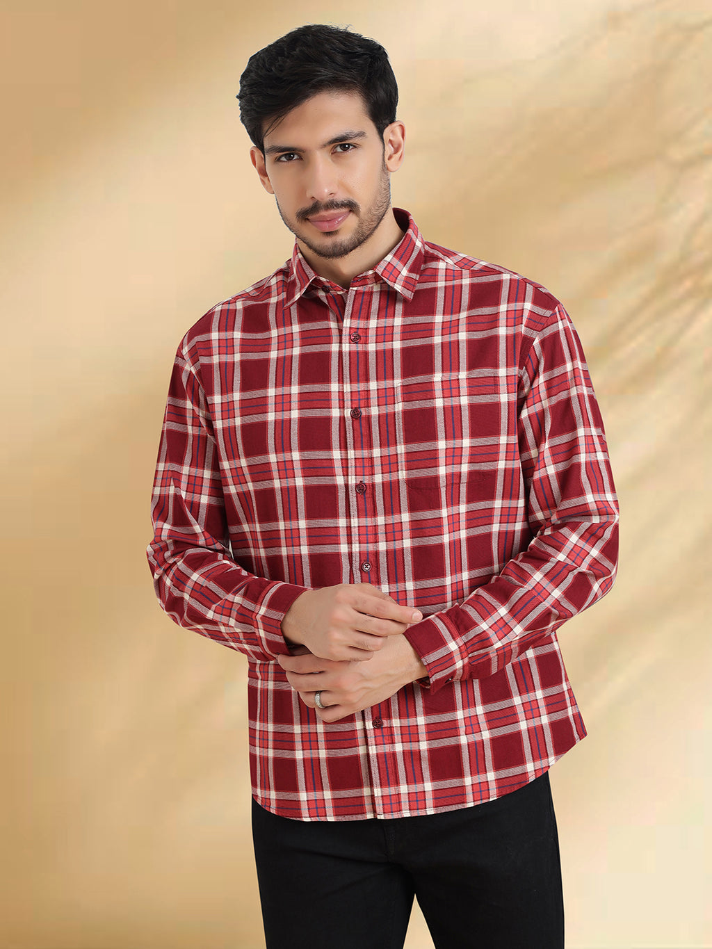 Men Maroon and White Cotton Checkered Classic Fit Smart Casual Shirt