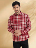 Men Maroon and White Cotton Checkered Classic Fit Smart Casual Shirt