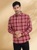 Men Maroon and White Cotton Checkered Classic Fit Smart Casual Shirt