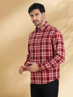 Men Maroon and White Cotton Checkered Classic Fit Smart Casual Shirt