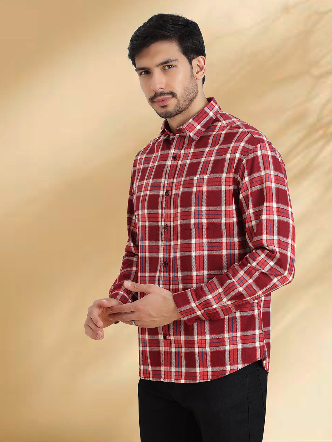 Men Maroon and White Cotton Checkered Classic Fit Smart Casual Shirt