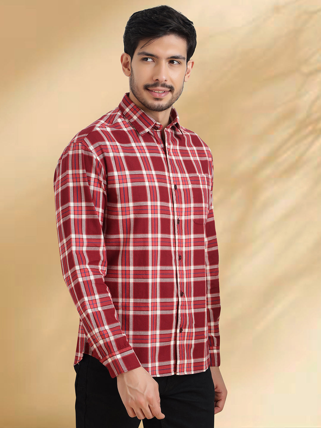 Men Maroon and White Cotton Checkered Classic Fit Smart Casual Shirt