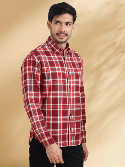 Men Maroon and White Cotton Checkered Classic Fit Smart Casual Shirt