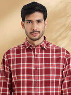 Men Maroon and White Cotton Checkered Classic Fit Smart Casual Shirt