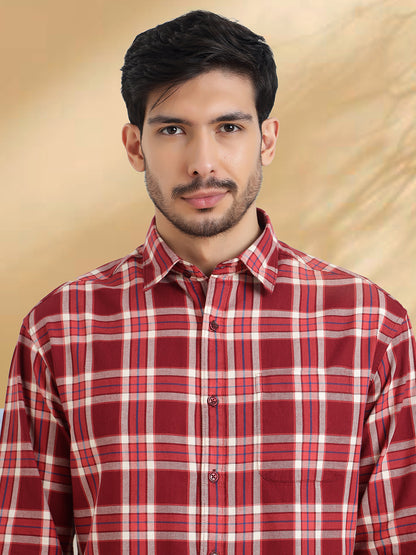 Men Maroon and White Cotton Checkered Classic Fit Smart Casual Shirt