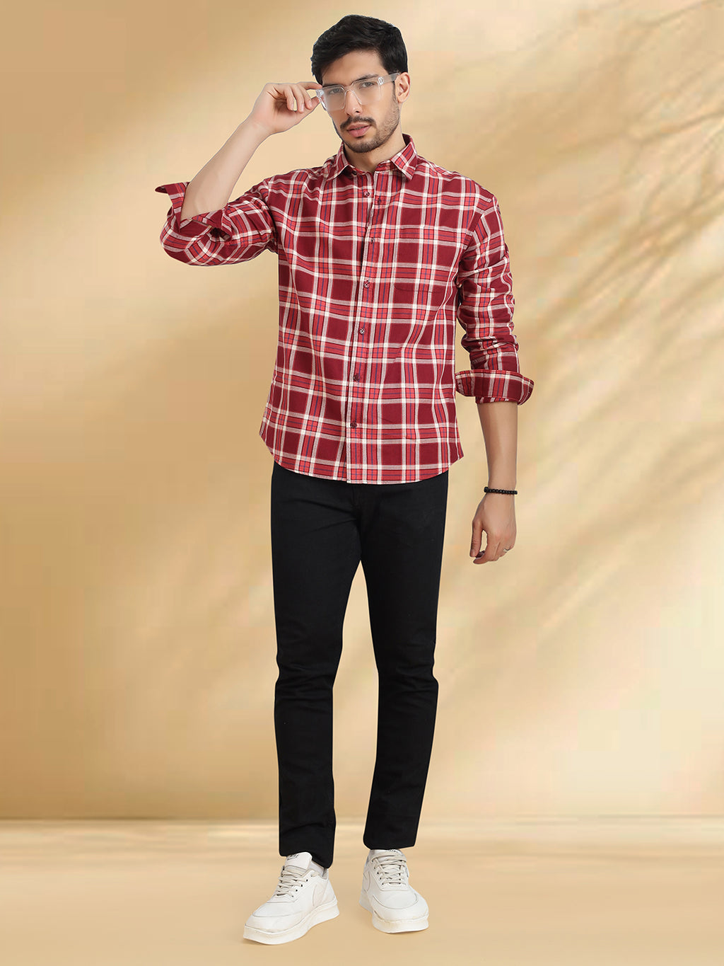 Men Maroon and White Cotton Checkered Classic Fit Smart Casual Shirt