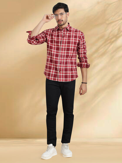 Men Maroon and White Cotton Checkered Classic Fit Smart Casual Shirt
