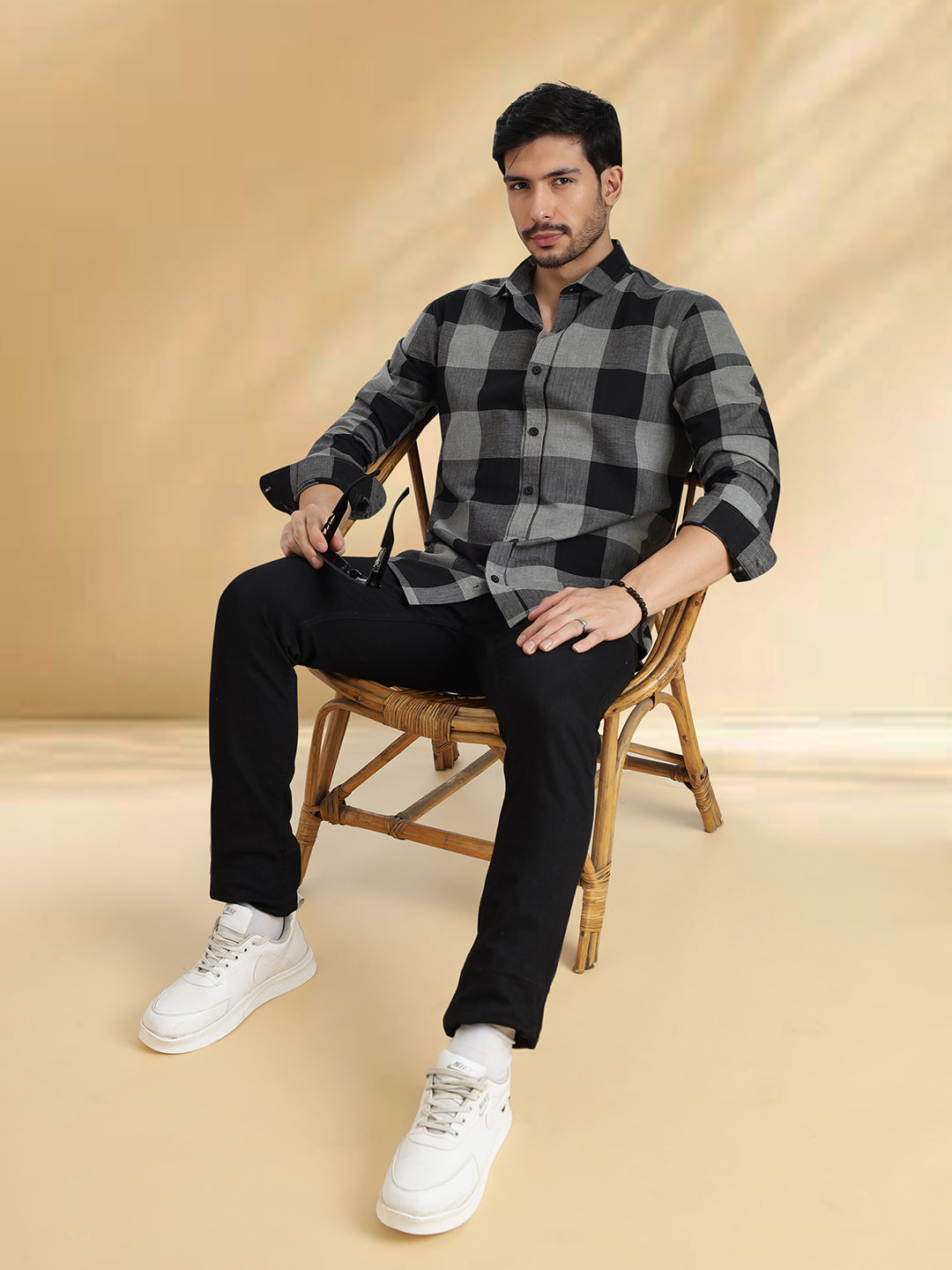 Men Black and Grey  Checkered Classic Fit Smart Casual Shirt