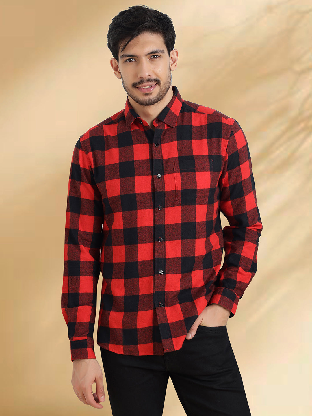 Men Red and Black  Checkered Classic Fit Smart Casual Shirt