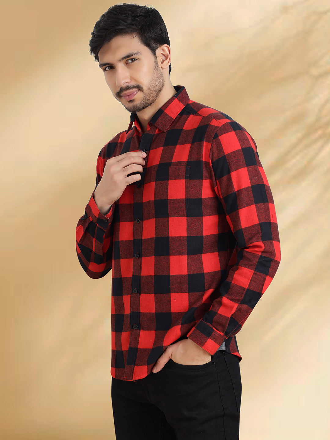 Men Red and Black  Checkered Classic Fit Smart Casual Shirt