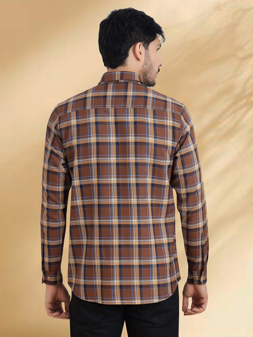 Men Brushed Flannel Brown, Navy and Sky Blue Checkered Classic Fit Smart Casual Shirt