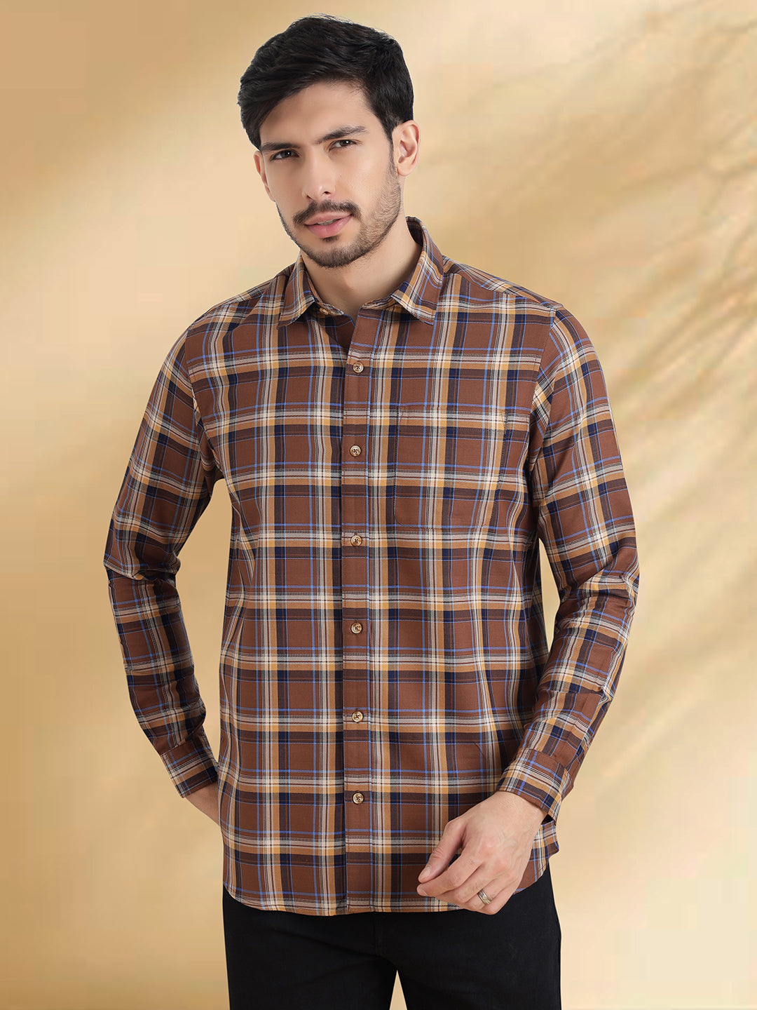 Men Brushed Flannel Brown, Navy and Sky Blue Checkered Classic Fit Smart Casual Shirt