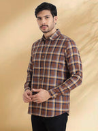Men Brushed Flannel Brown, Navy and Sky Blue Checkered Classic Fit Smart Casual Shirt