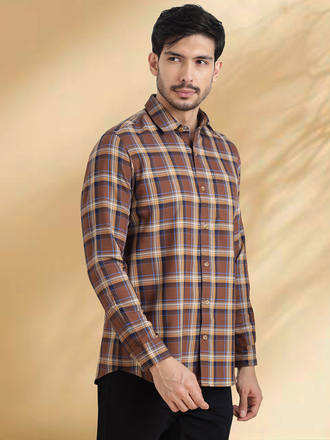 Men Brushed Flannel Brown, Navy and Sky Blue Checkered Classic Fit Smart Casual Shirt