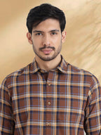 Men Brushed Flannel Brown, Navy and Sky Blue Checkered Classic Fit Smart Casual Shirt