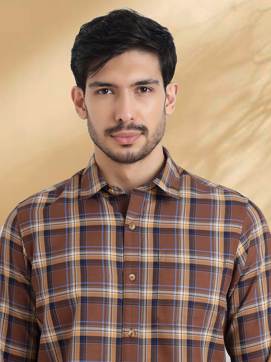 Men Brushed Flannel Brown, Navy and Sky Blue Checkered Classic Fit Smart Casual Shirt