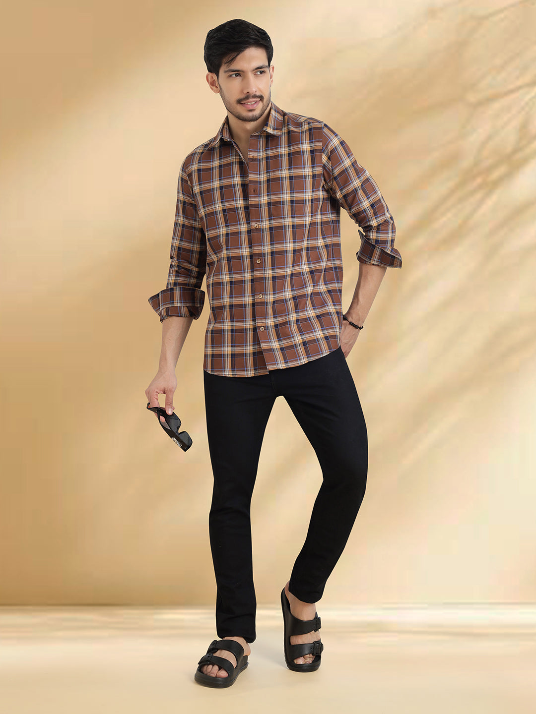 Men Brushed Flannel Brown, Navy and Sky Blue Checkered Classic Fit Smart Casual Shirt