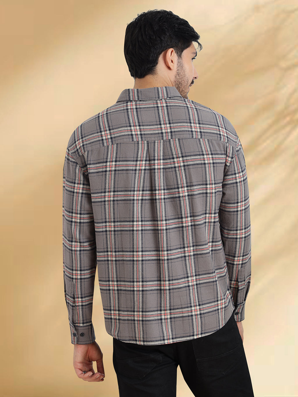 Men Brushed Flannel Grey, Navy and White Checkered Classic Fit Smart Casual Shirt