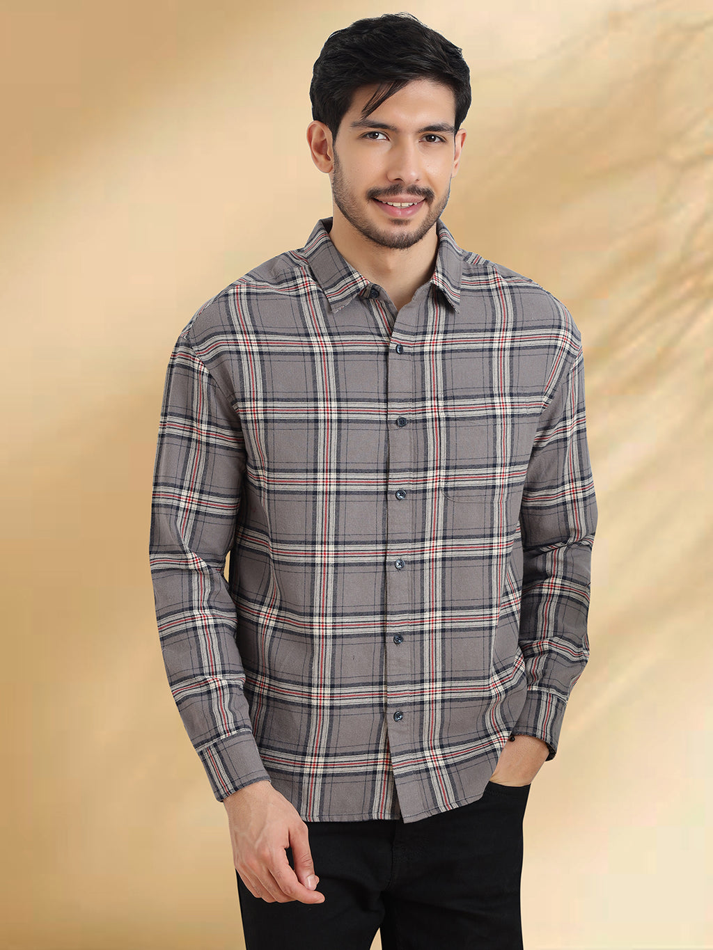Men Brushed Flannel Grey, Navy and White Checkered Classic Fit Smart Casual Shirt