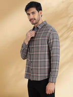 Men Brushed Flannel Grey, Navy and White Checkered Classic Fit Smart Casual Shirt
