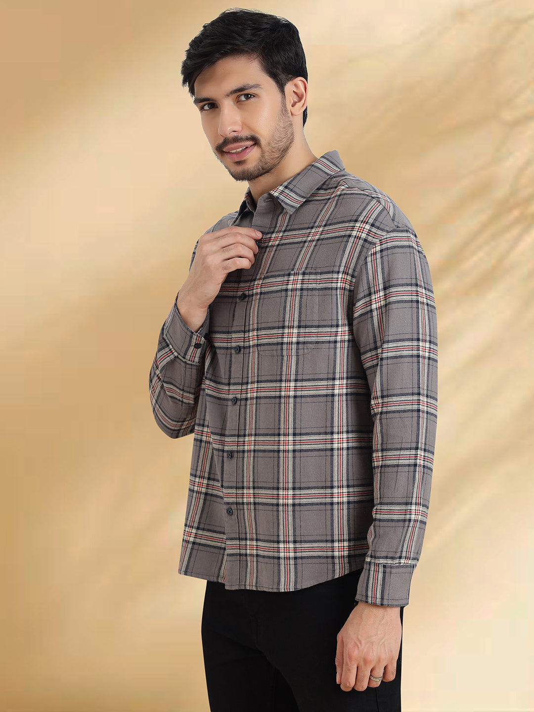 Men Brushed Flannel Grey, Navy and White Checkered Classic Fit Smart Casual Shirt