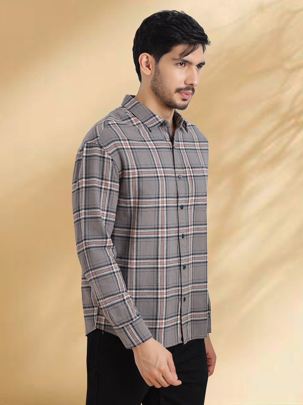 Men Brushed Flannel Grey, Navy and White Checkered Classic Fit Smart Casual Shirt