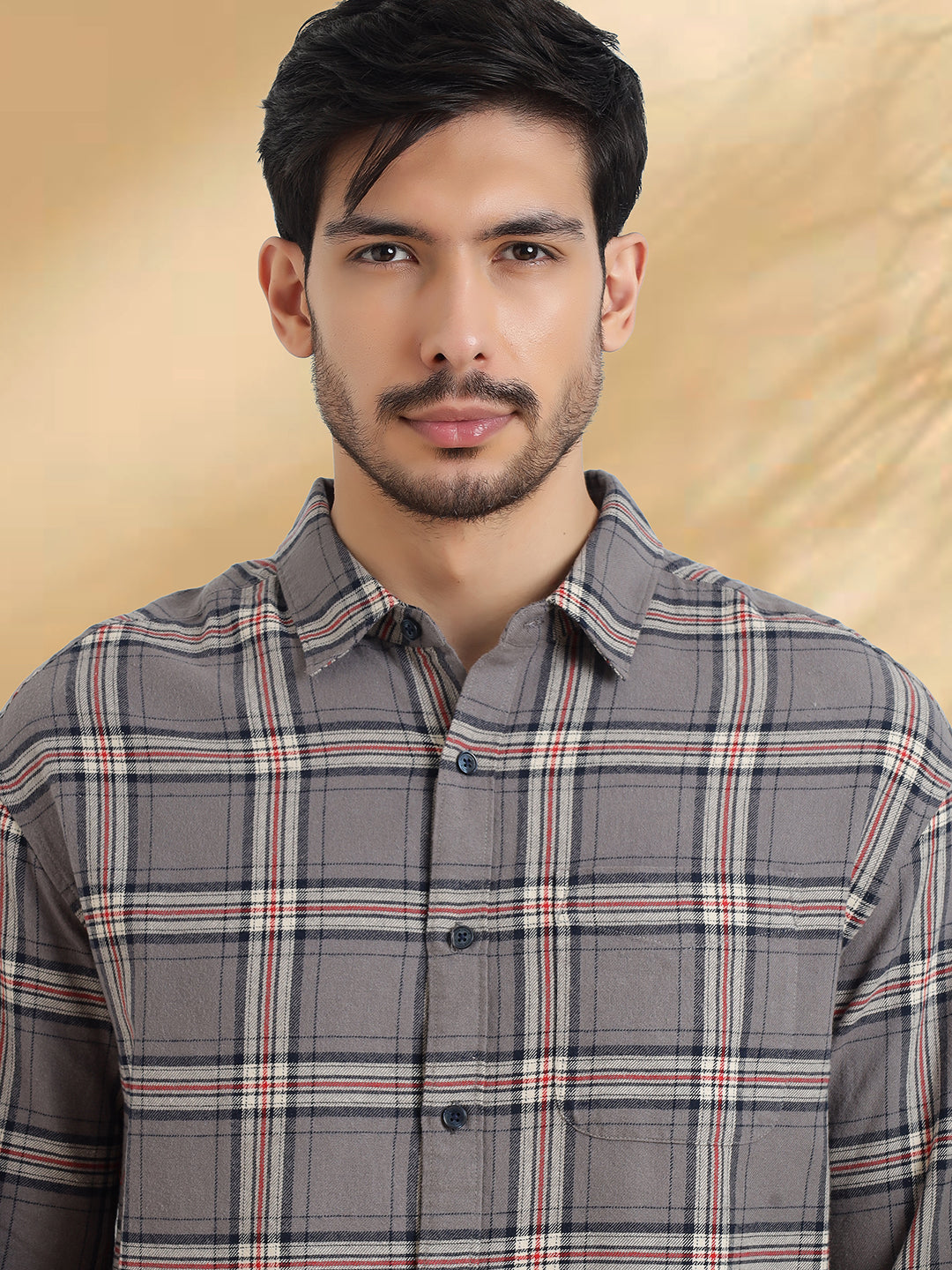 Men Brushed Flannel Grey, Navy and White Checkered Classic Fit Smart Casual Shirt