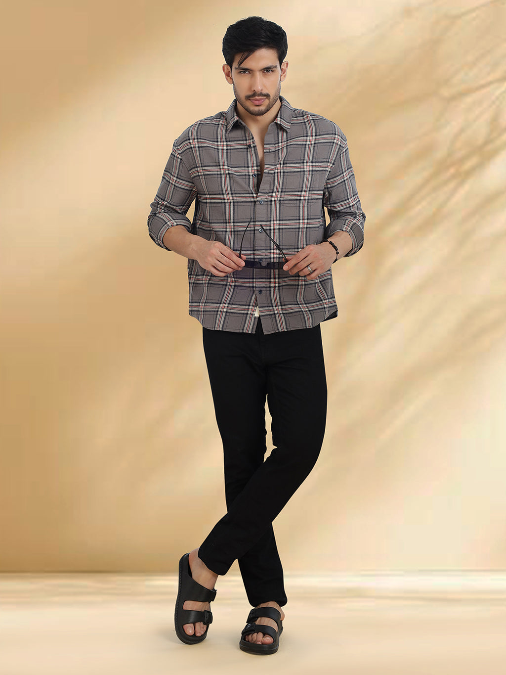 Men Brushed Flannel Grey, Navy and White Checkered Classic Fit Smart Casual Shirt