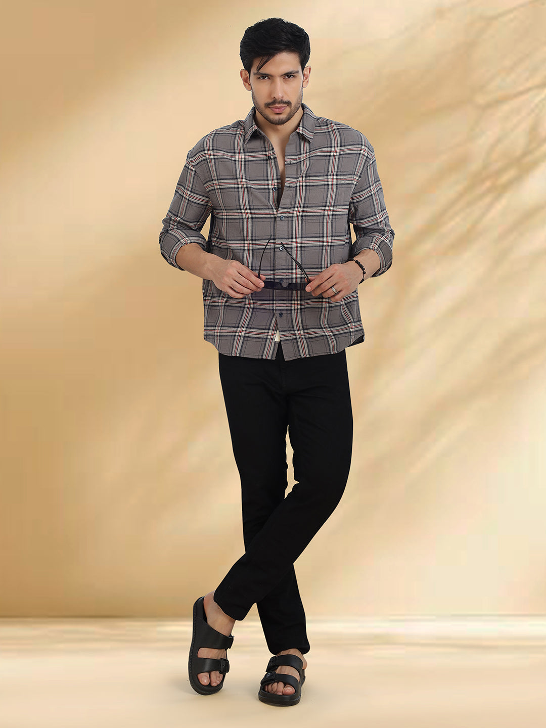 Men Brushed Flannel Grey, Navy and White Checkered Classic Fit Smart Casual Shirt