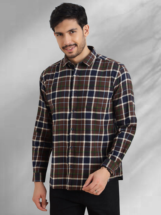 Men Brushed Flannel Navy Coffee and White Checkered Classic Fit Smart Casual Shirt