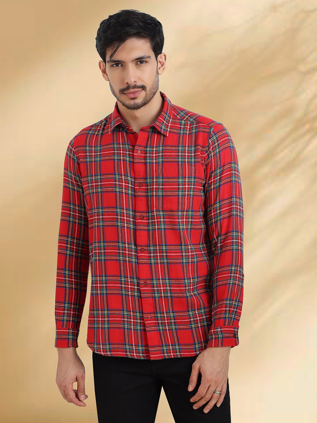 Men Brushed Flannel Red, Navy and White Checkered Classic Fit Smart Casual Shirt