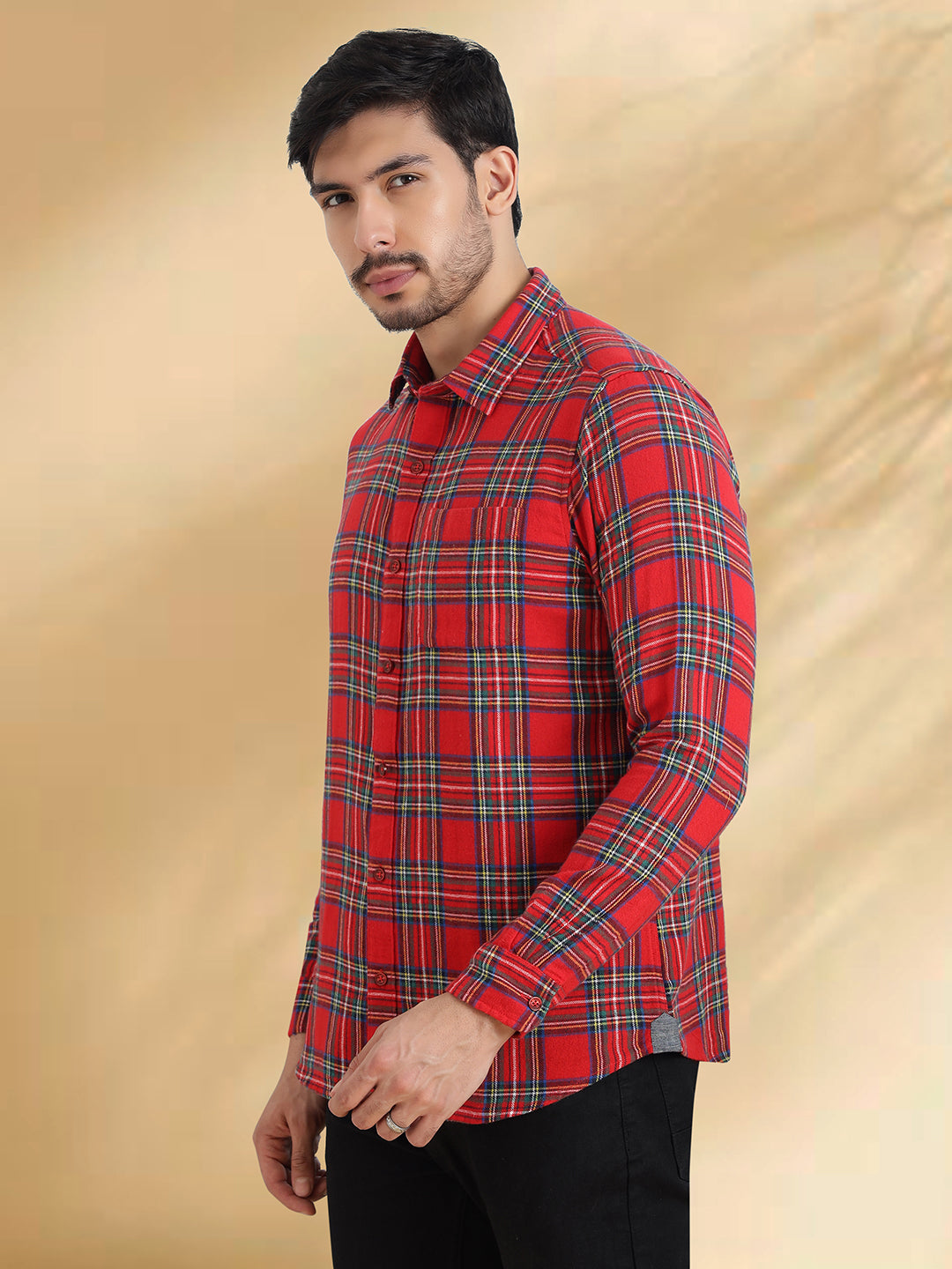 Men Brushed Flannel Red, Navy and White Checkered Classic Fit Smart Casual Shirt