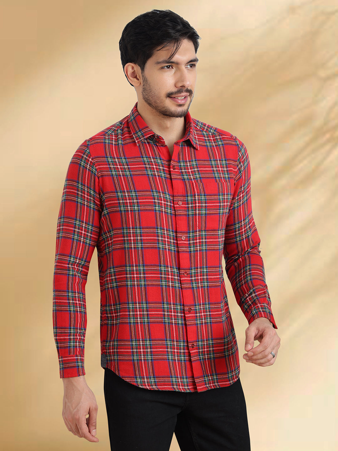 Men Brushed Flannel Red, Navy and White Checkered Classic Fit Smart Casual Shirt