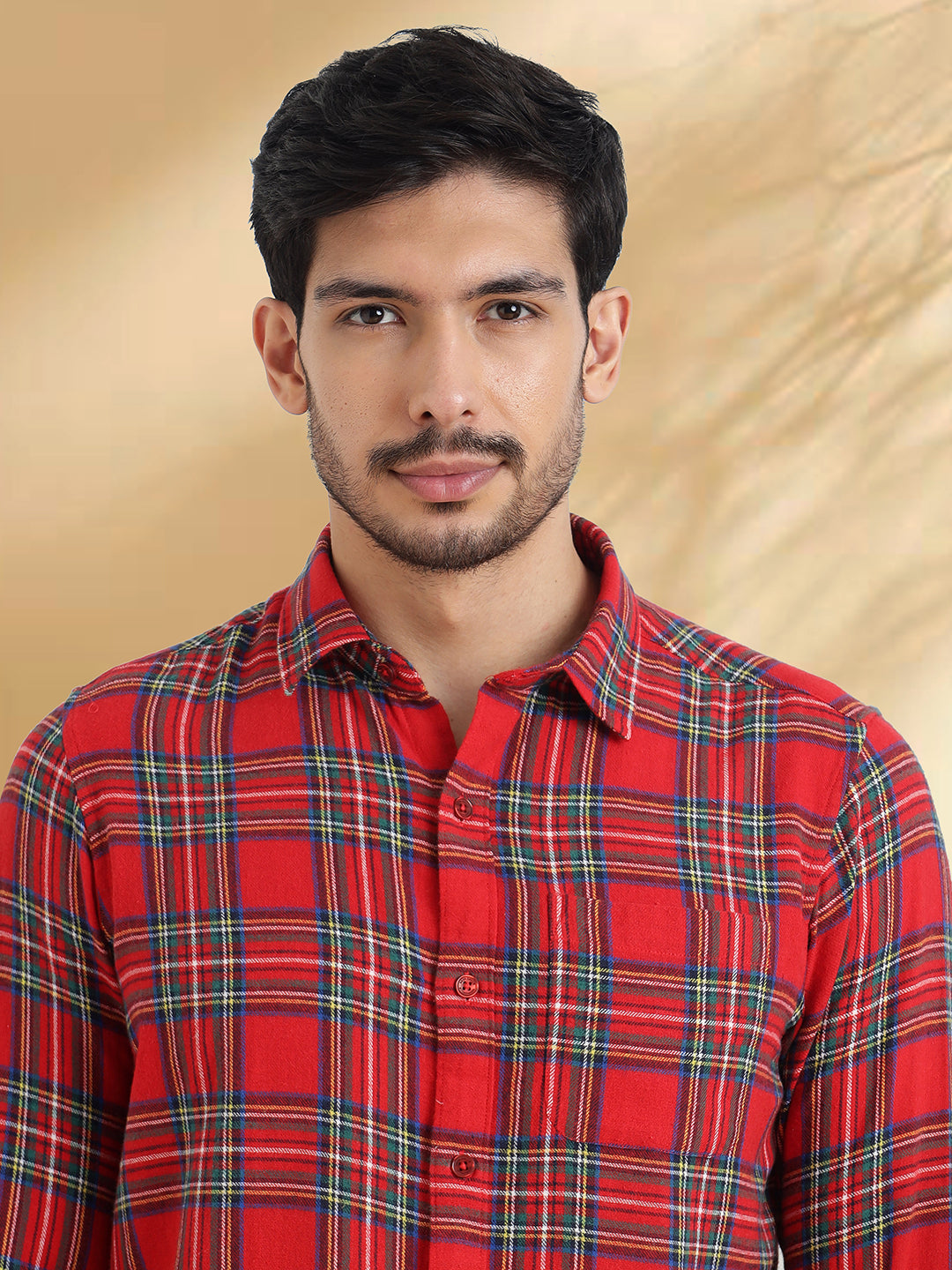Men Brushed Flannel Red, Navy and White Checkered Classic Fit Smart Casual Shirt