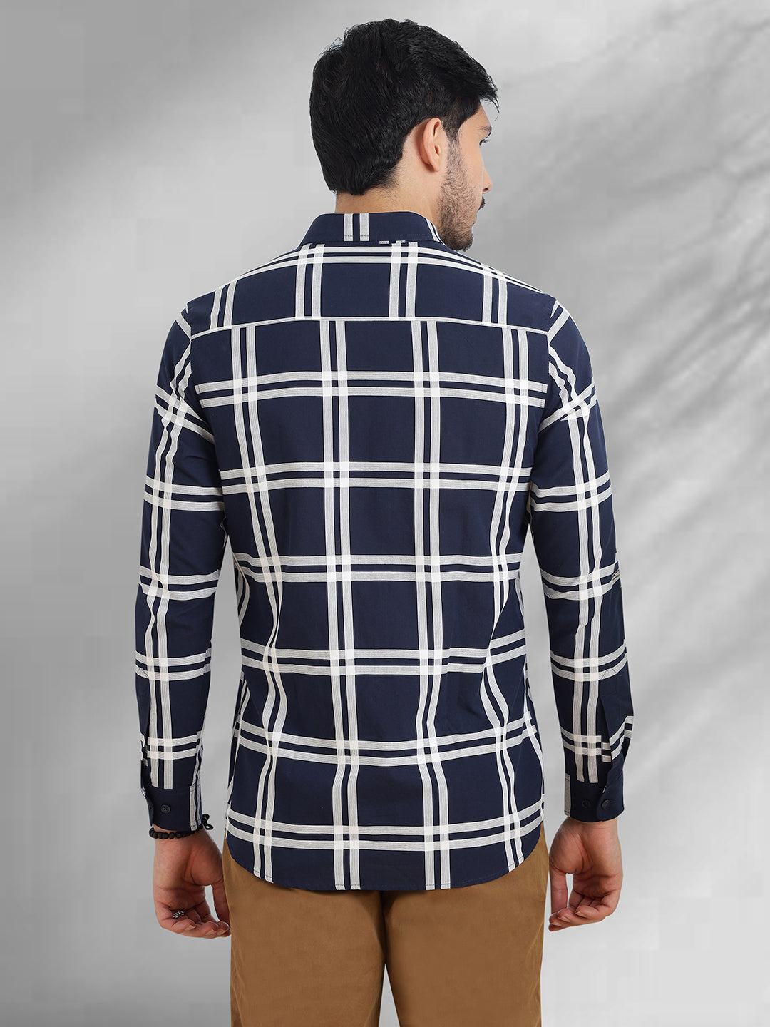 Men Navy and White Checkered Classic Fit Smart Casual Shirt
