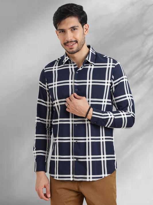 Men Navy and White Checkered Classic Fit Smart Casual Shirt