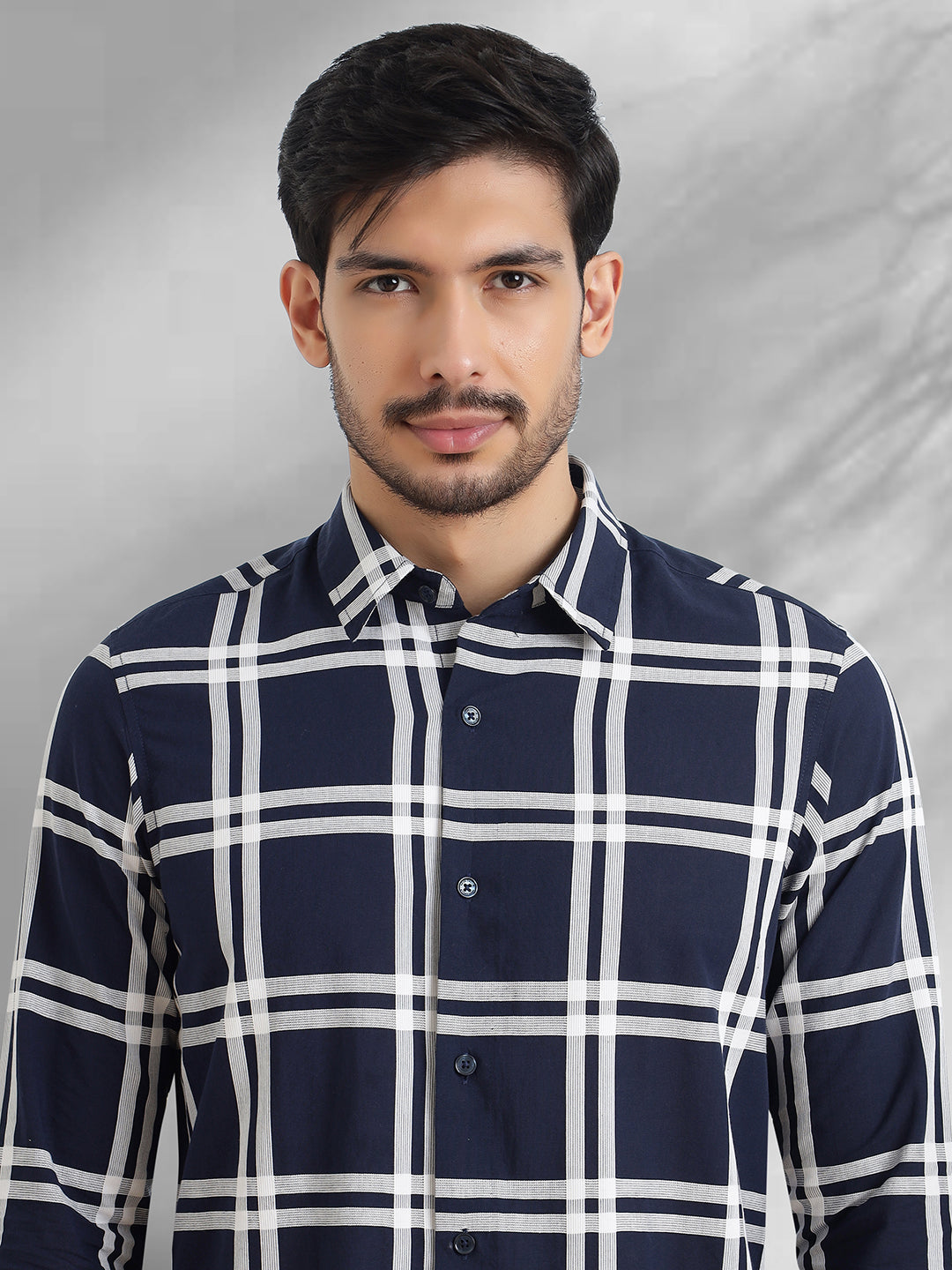 Men Navy and White Checkered Classic Fit Smart Casual Shirt