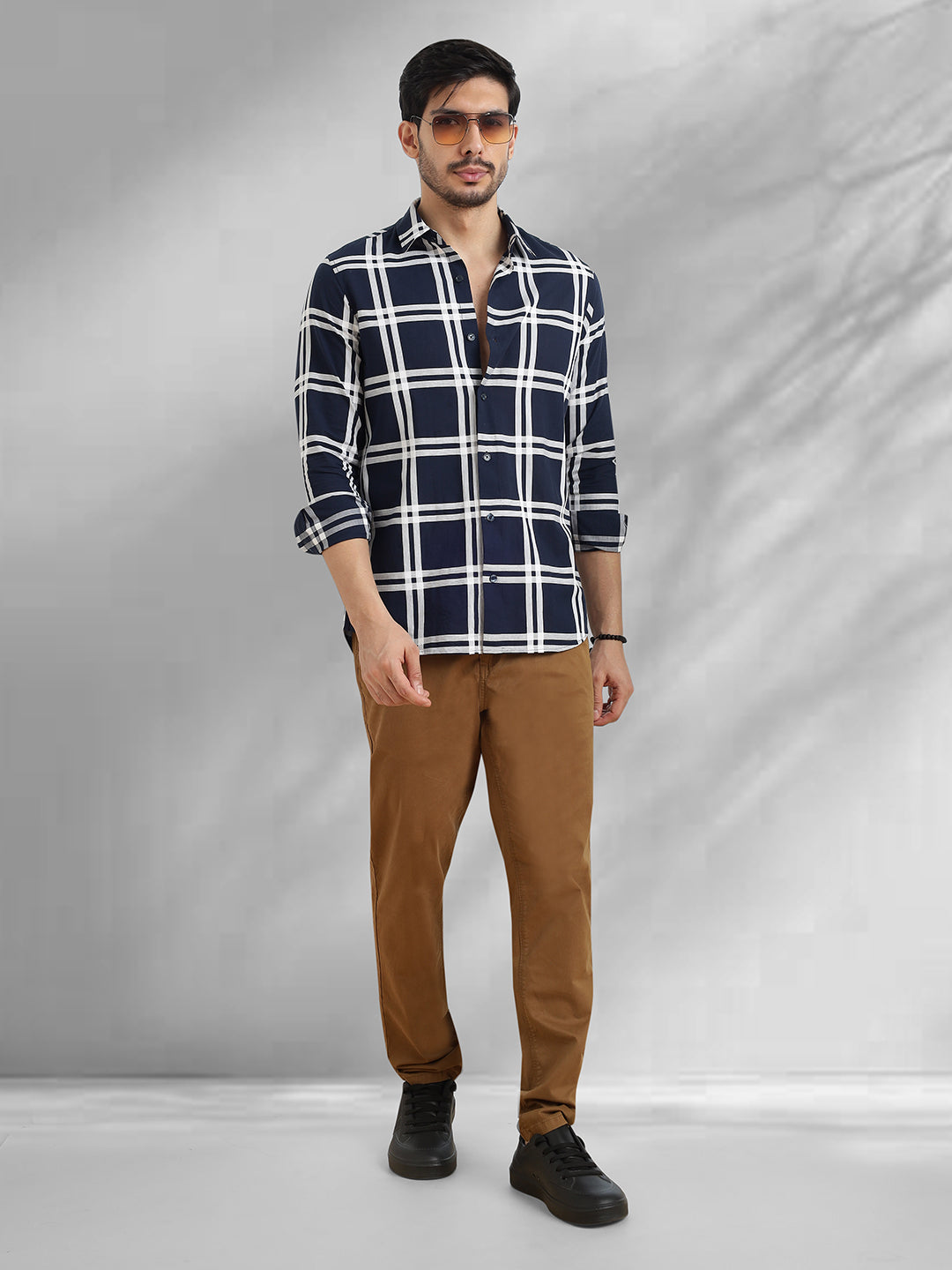 Men Navy and White Checkered Classic Fit Smart Casual Shirt