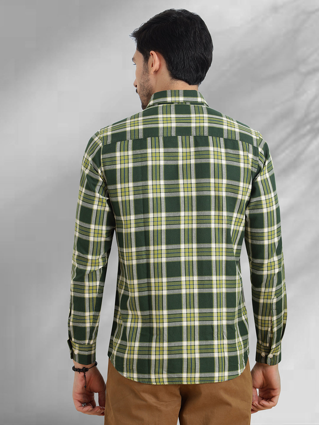 Men Green and White Cotton Checkered Classic Fit Smart Casual Shirt