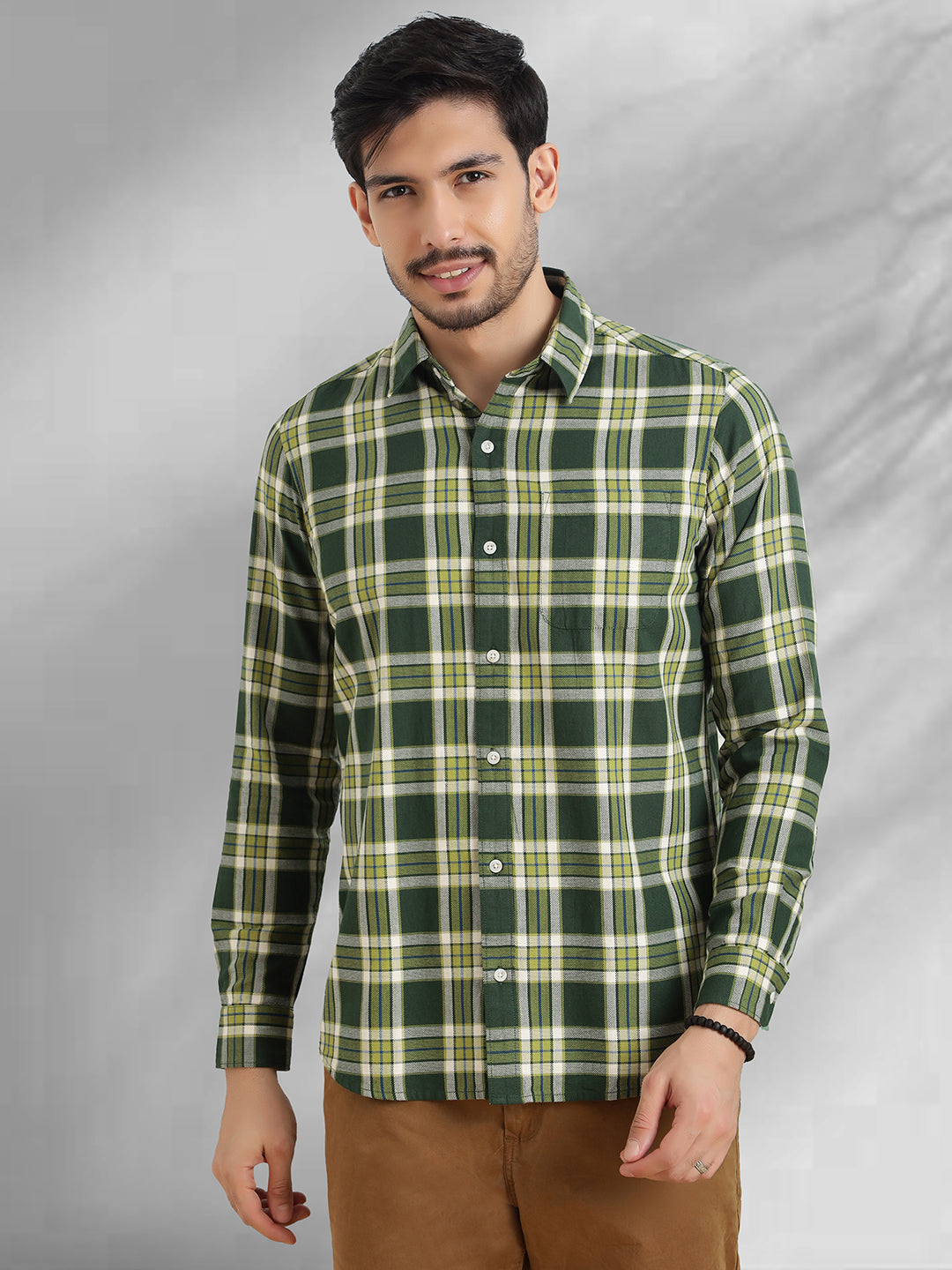 Men Green and White Cotton Checkered Classic Fit Smart Casual Shirt