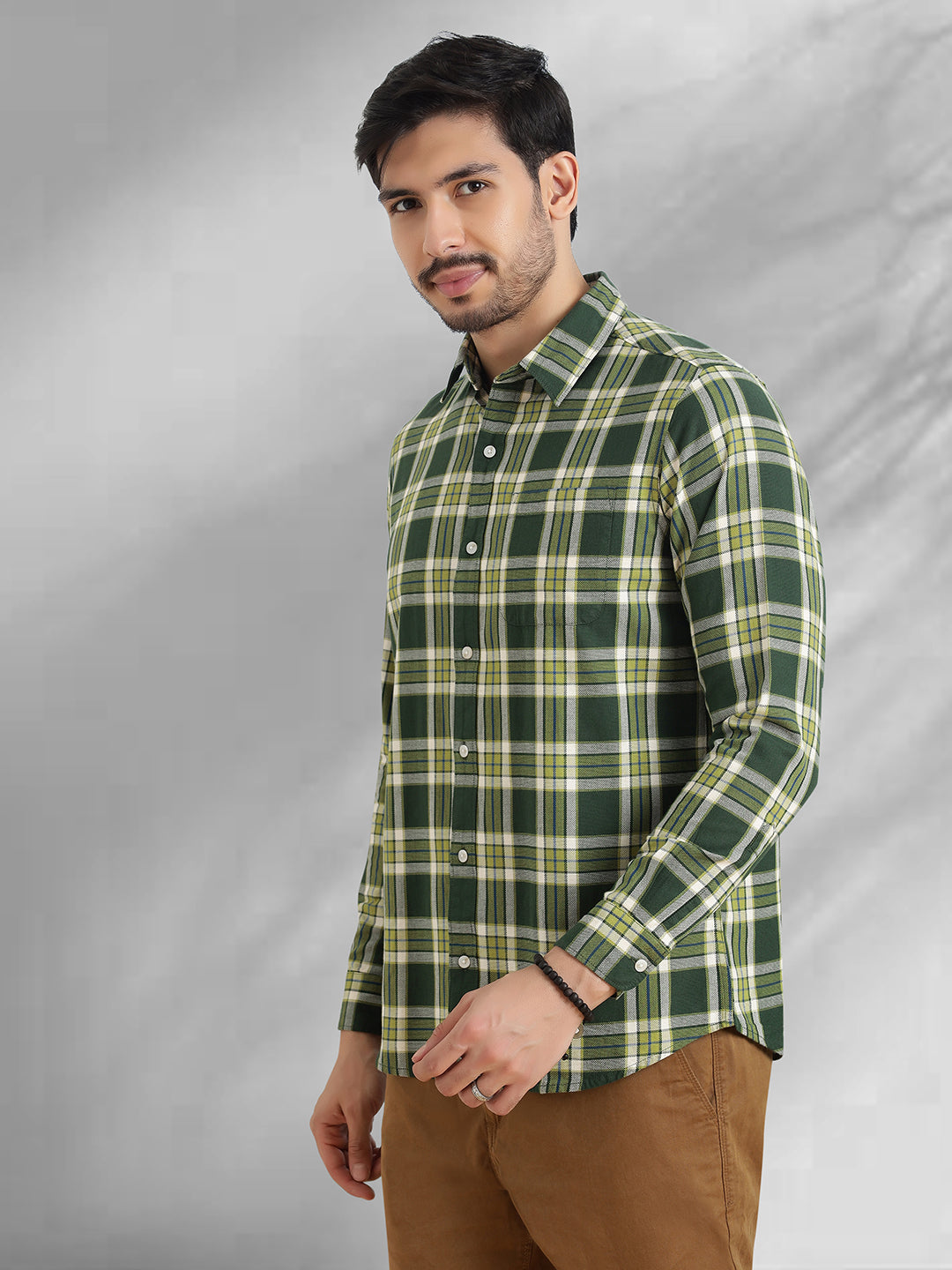 Men Green and White Cotton Checkered Classic Fit Smart Casual Shirt