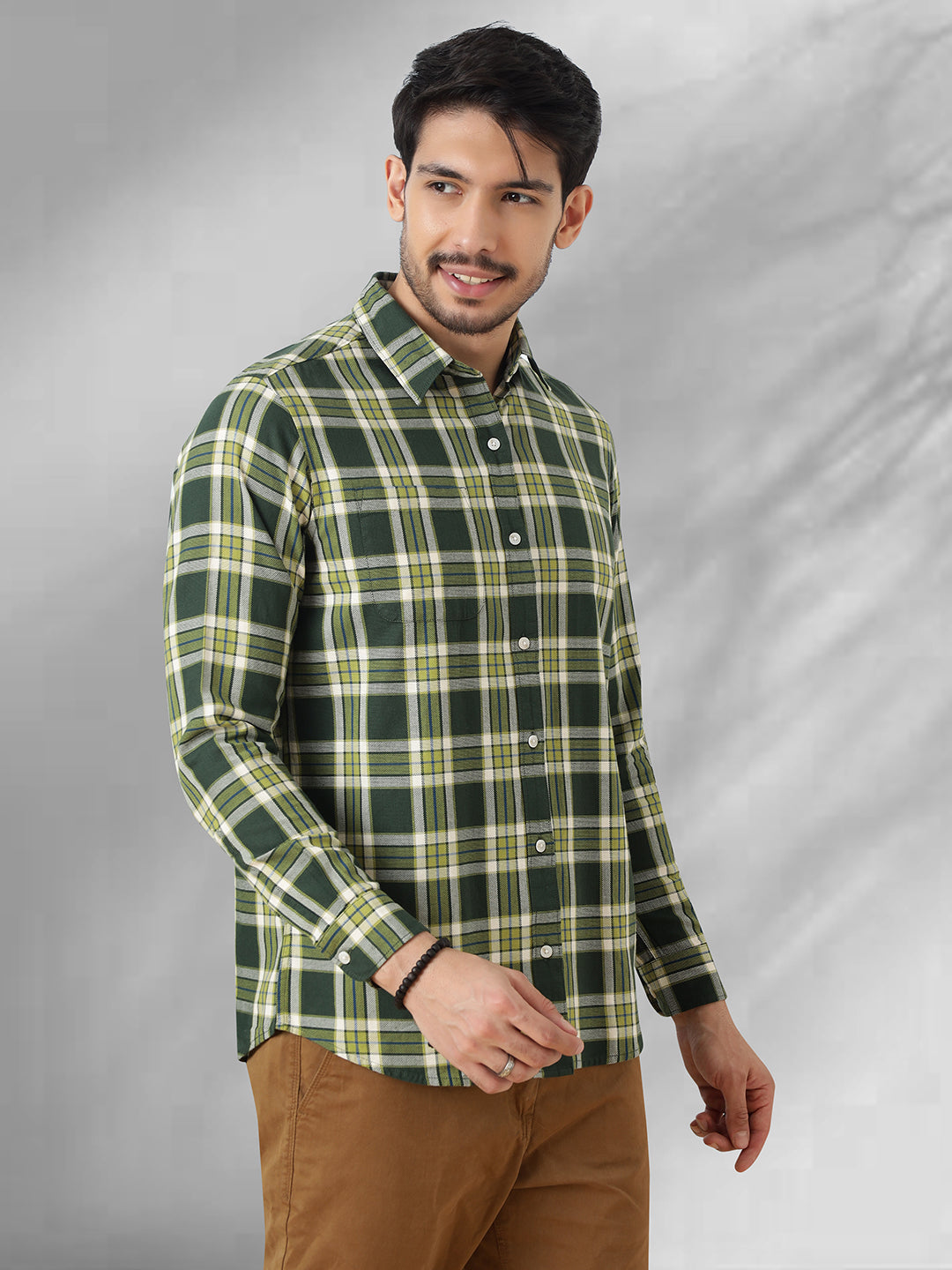 Men Green and White Cotton Checkered Classic Fit Smart Casual Shirt
