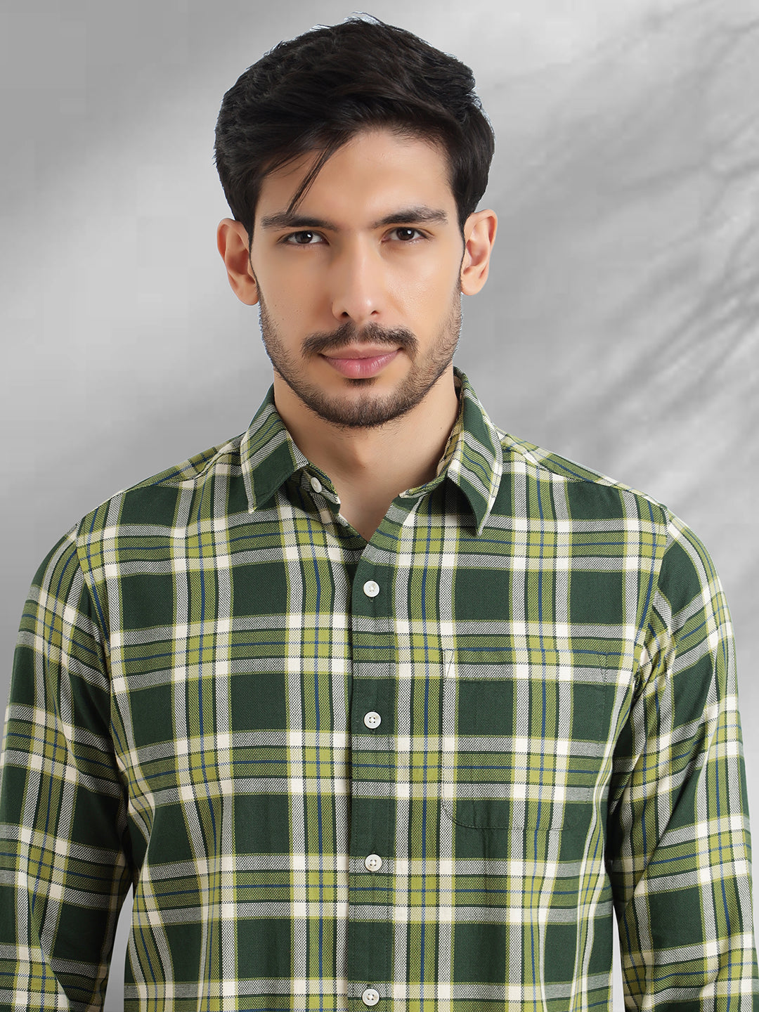 Men Green and White Cotton Checkered Classic Fit Smart Casual Shirt