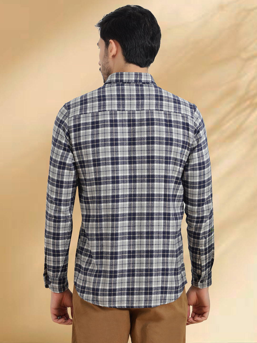 Men Brushed Flannel Navy, Grey and White Checkered Classic Fit Smart Casual Shirt
