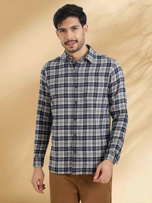 Men Brushed Flannel Navy, Grey and White Checkered Classic Fit Smart Casual Shirt