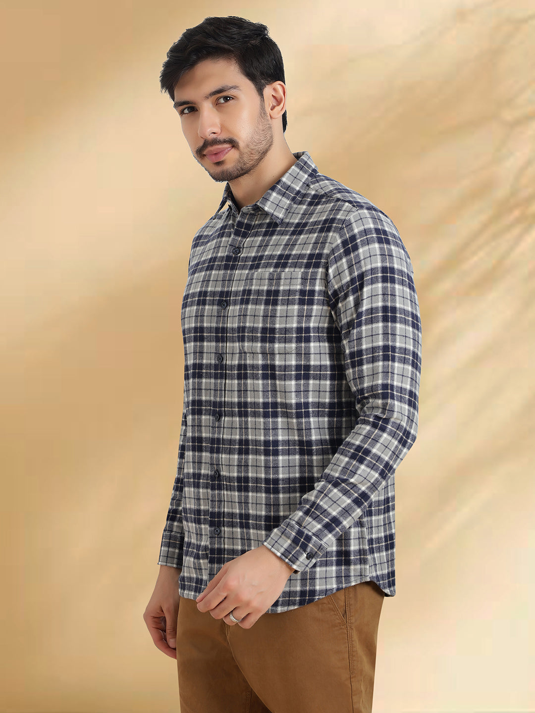 Men Brushed Flannel Navy, Grey and White Checkered Classic Fit Smart Casual Shirt