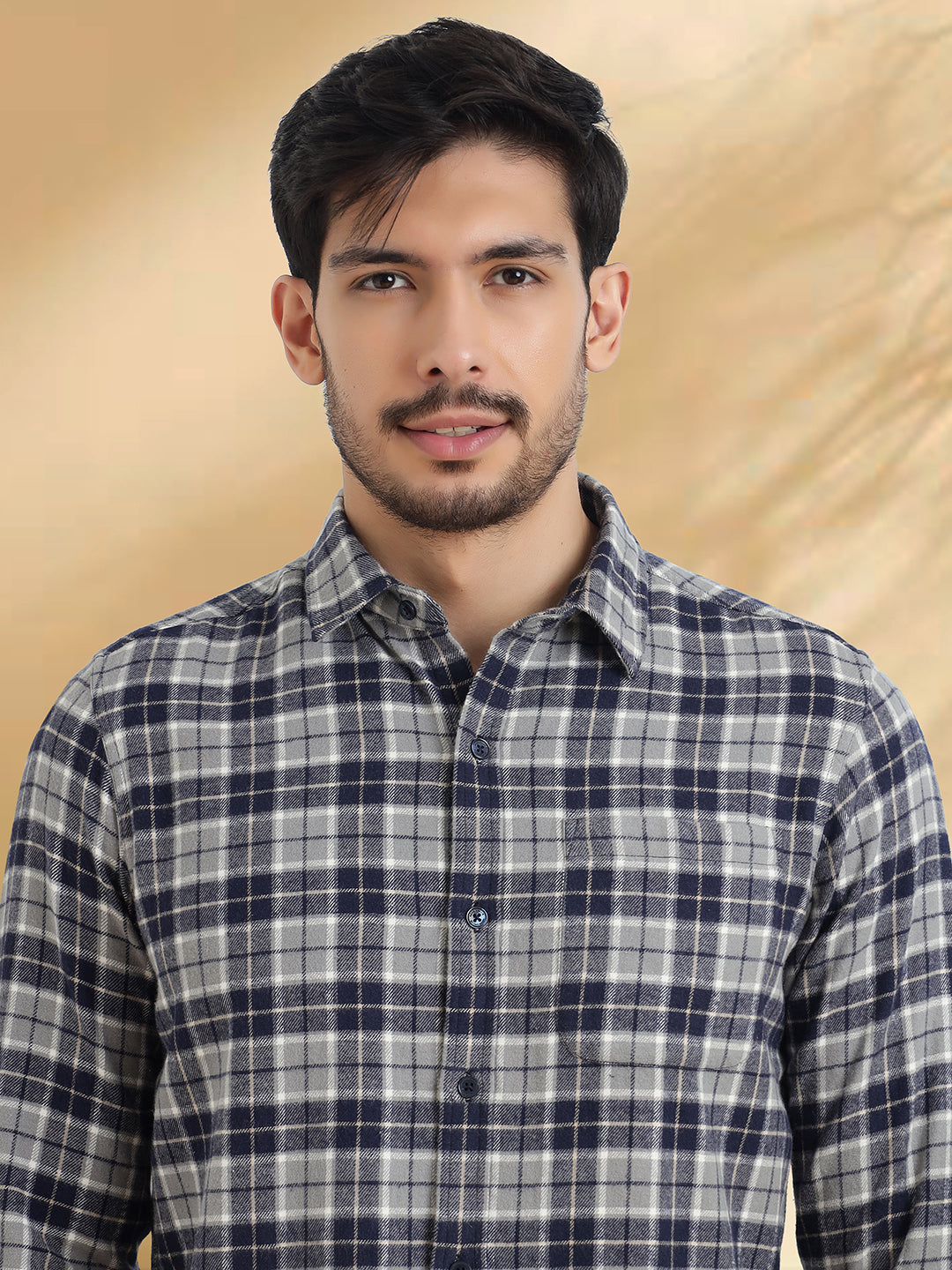 Men Brushed Flannel Navy, Grey and White Checkered Classic Fit Smart Casual Shirt