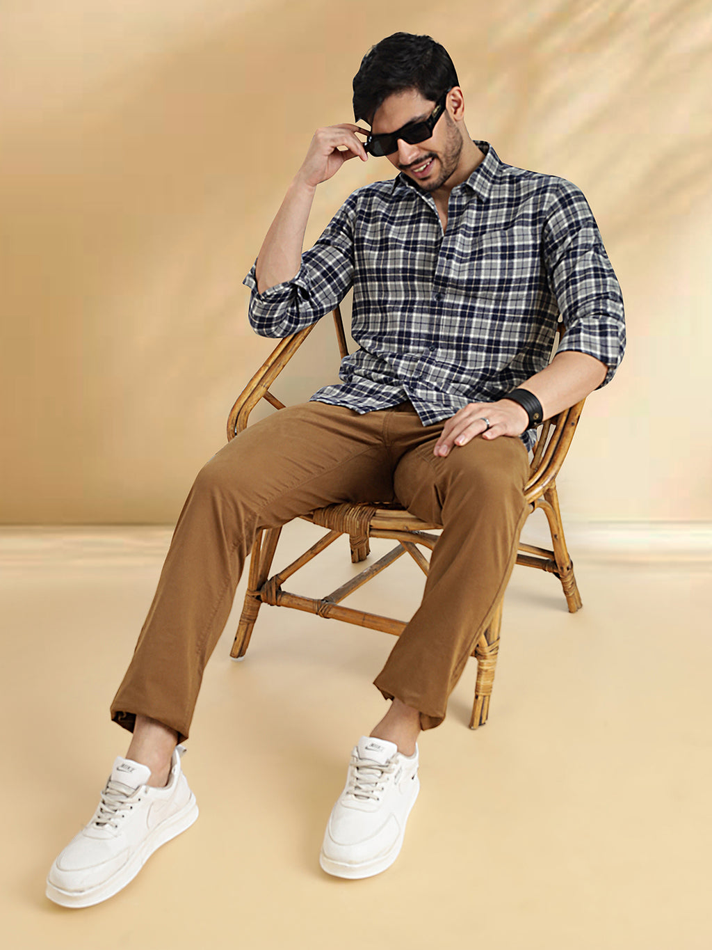 Men Brushed Flannel Navy, Grey and White Checkered Classic Fit Smart Casual Shirt